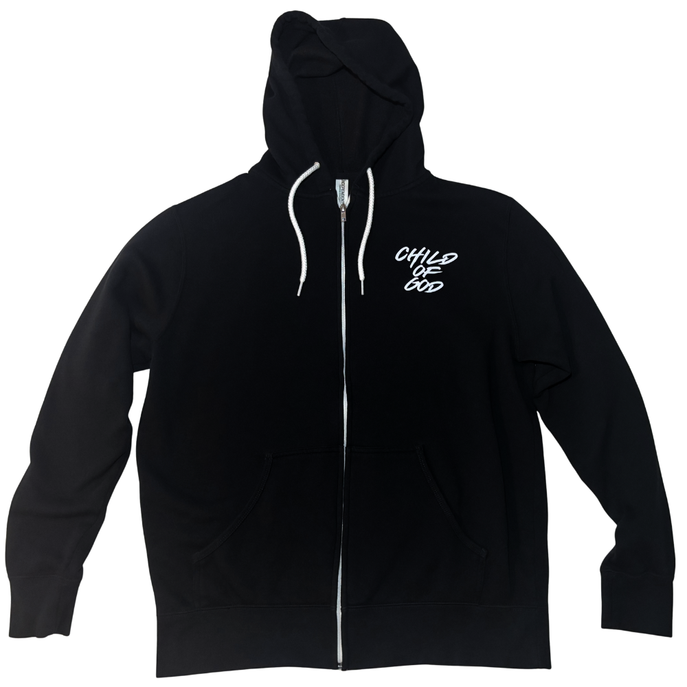 A black zip-up hoodie with white drawstrings and a white script logo on the left chest that reads 'CHILD OF GOD', displayed against a solid white background.