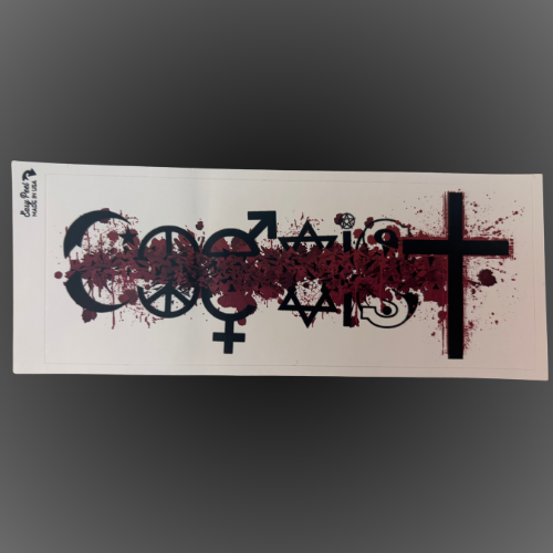 A rectangular white sticker featuring a black and dark red graphic design with broken pagan religious symbols covered in blood coming from a Christian cross, shown against a dark gray gradient background.