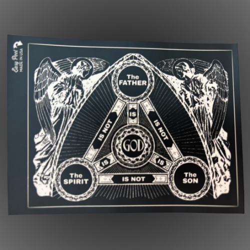 A square black sticker featuring a white Holy Trinity diagram with the words 'The Father,' 'The Spirit,' 'The Son,' and 'God,' surrounded by illustrated angels. The product is photographed against a dark gray gradient background.