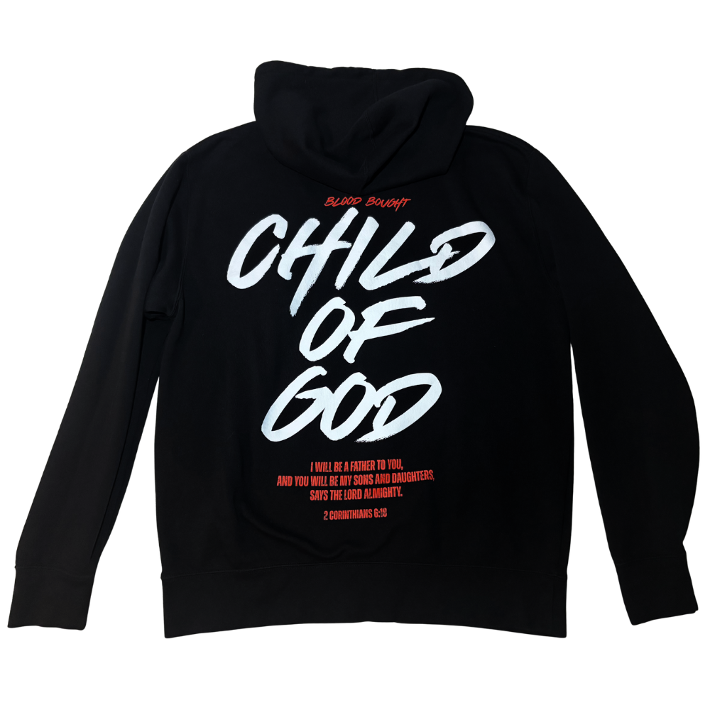 A black long-sleeve full-zip hoodie shown from the back, featuring a large white 'CHILD OF GOD' graphic with smaller red text above and below, displayed on a plain white background.