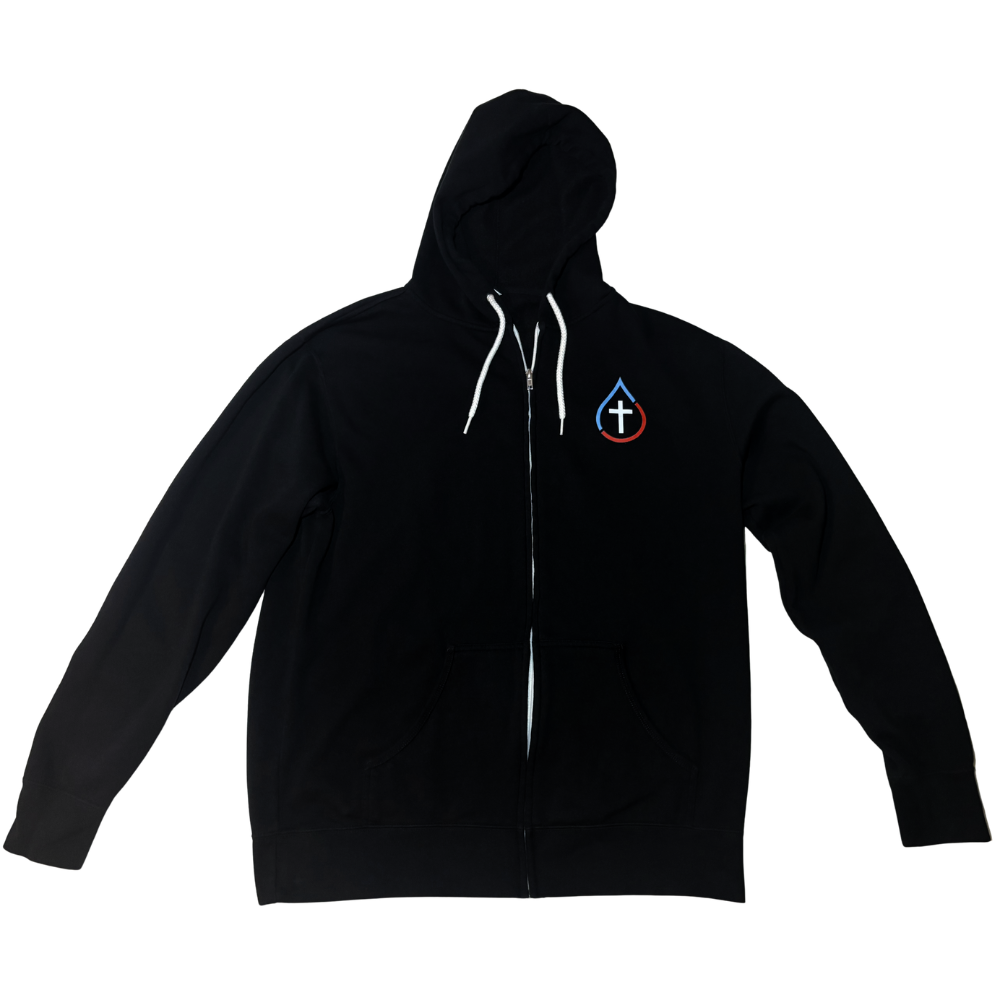 A black zip-up hoodie with white drawstrings and a small Christian logo on the left chest featuring a blue and red teardrop shape with a white cross inside, shown against a plain white background.