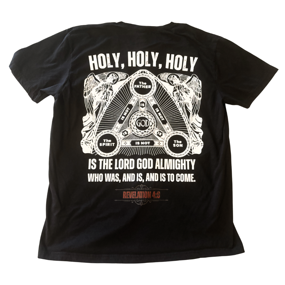 Black short-sleeve Christian t-shirt depicting a white graphic of the Holy Trinity diagram, flanked by two angels, with bold white text that says 'HOLY HOLY HOLY IS THE LORD GOD ALMIGHTY WHO WAS, AND IS, AND IS TO COME', with the Bible verse 'Revelation 4:8' written below it in red text.