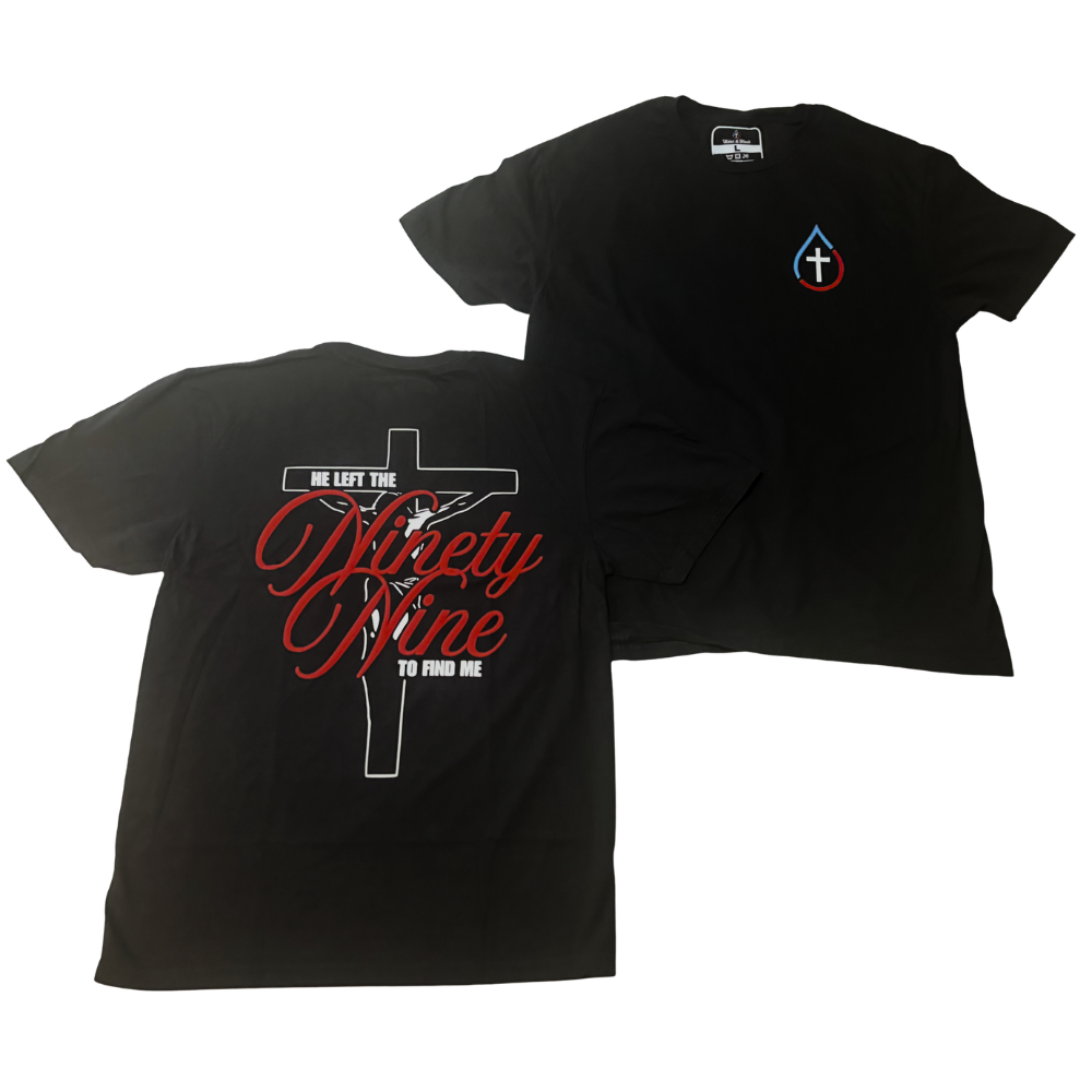 Two black short-sleeve T-shirts shown on a white background, with the front and back views overlapping. The back shirt features a large white cross graphic and red script text reading 'He Left the Ninety Nine to Find Me'.