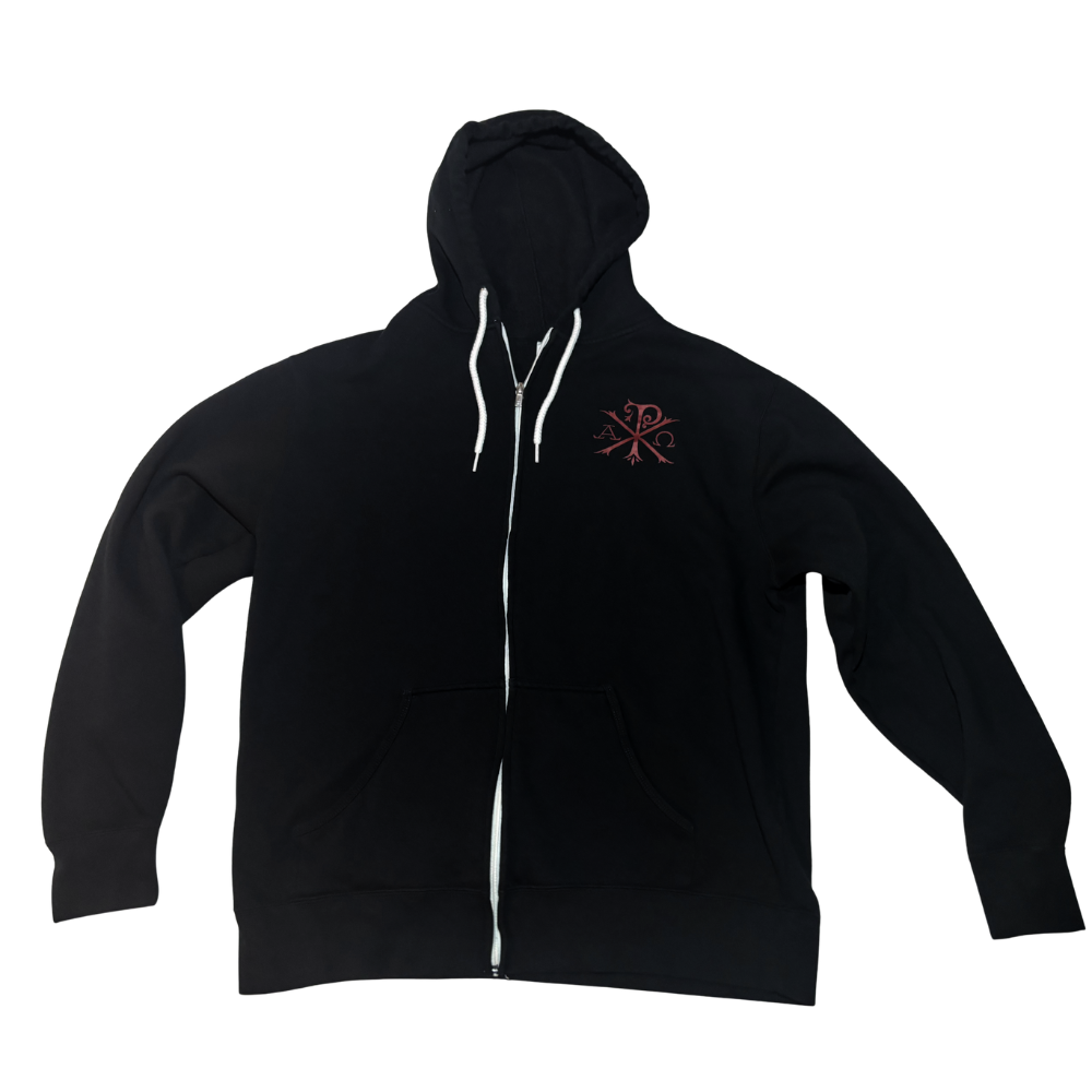A black zip-up hoodie with white drawstrings and a small, blood red Christian Chi-Ro logo on the left chest, displayed against a solid white background.