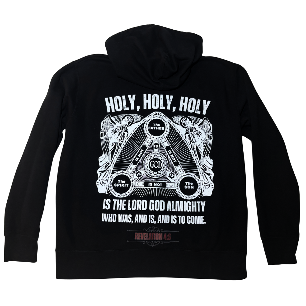 Black long-sleeve hoodie shown from the back, featuring a large white graphic print of the Christian Holy Trinity diagram with the text 'HOLY, HOLY, HOLY' and 'IS THE LORD GOD ALMIGHTY WHO WAS, AND IS, AND IS TO COME' along with angel illustrations and a small 'Revelation 4:8' reference near the bottom.